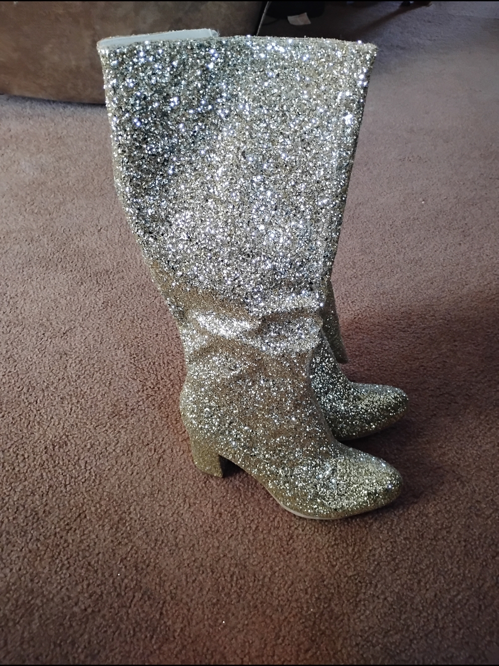 Glitter Knee-High Block Heel Boots - Silver
